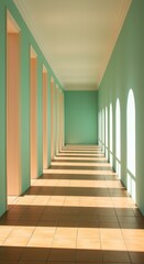 Fototapeta premium Long architectural corridor with bright striped sunlight shadows on a tiled floor and mint green walls