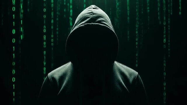Mysterious figure in dark hoodie sits at computer, illuminated by green binary code, creating an atmosphere of secrecy and intrigue in the digital world of hacking and cybersecurity