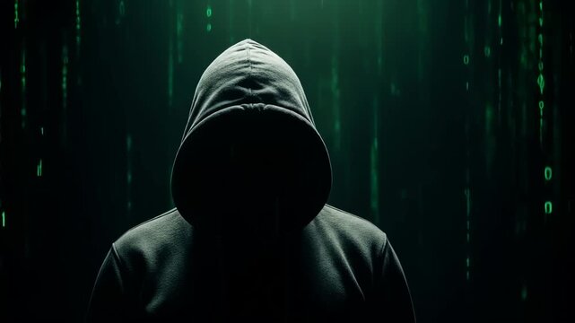 Mysterious figure in dark hoodie sits at computer, illuminated by green binary code, creating an atmosphere of secrecy and intrigue in the digital world of hacking and cybersecurity