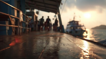 Obraz premium Silhouettes of people stand on a boat at sunset, with sunlight reflecting on the boat's deck. The boat moves gently as the people and boat enjoy the tranquil atmosphere.