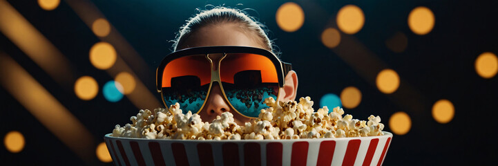 A person wearing large sunset-tinted aviator sunglasses peeking over a striped tub of popcorn in a dark cinema with bokeh lights