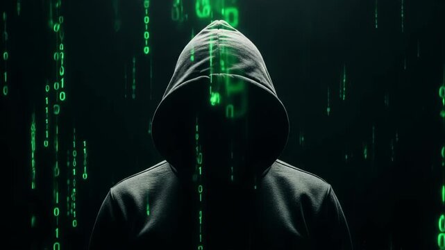 Mysterious figure in dark hoodie sits at computer, illuminated by green binary code, creating an atmosphere of secrecy and intrigue in the digital world of hacking and cybersecurity