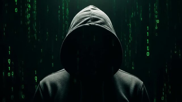 Mysterious figure in dark hoodie sits at computer, illuminated by green binary code, creating an atmosphere of secrecy and intrigue in the digital world of hacking and cybersecurity