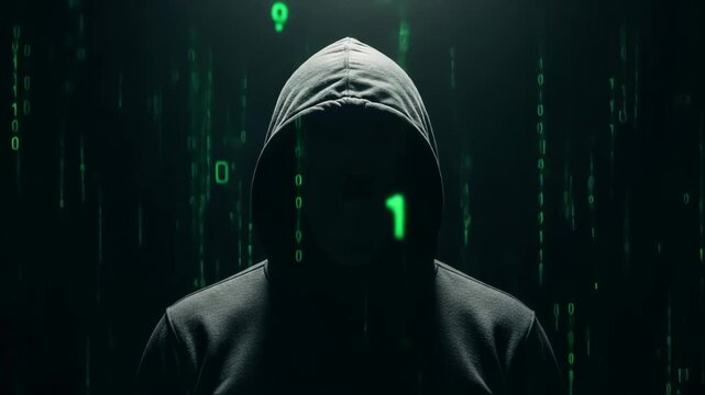 Mysterious figure in dark hoodie sits at computer, illuminated by green binary code, creating an atmosphere of secrecy and intrigue in the digital world of hacking and cybersecurity