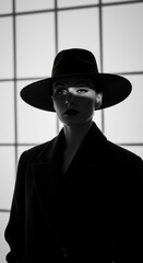 High contrast black and white fashion portrait of a mysterious woman wearing a wide-brim hat in dramatic studio shadow