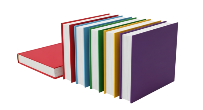 Stack of colorful books standing upright ready for reading isolated on transparent background