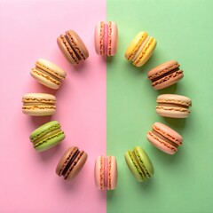 Obraz premium Bunte Macarons in einem Kreis angeordnet, Pastellfarben,Draufsicht