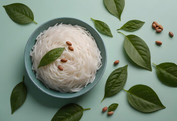 Funchoza salad with fresh leaf on a plate top view web banner