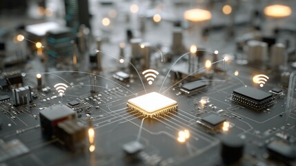 Microchips and circuits form a network with microchips connecting to circuits on a motherboard. Glowing microchips and circuits represent digital communication pathways.