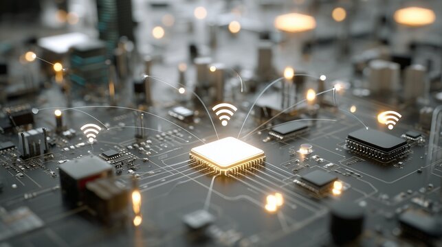 Microchips and circuits form a network with microchips connecting to circuits on a motherboard. Glowing microchips and circuits represent digital communication pathways. - Powered by Adobe