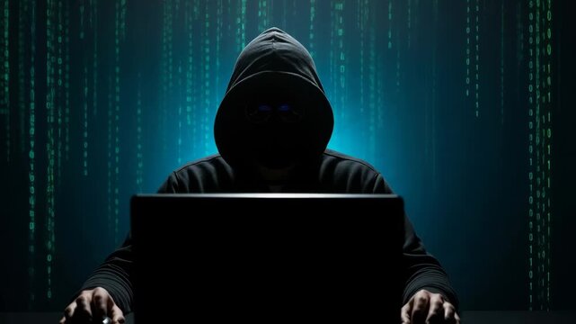 Mysterious figure in dark hoodie sits at computer, illuminated by green binary code, creating an atmosphere of secrecy and intrigue in the digital world of hacking and cybersecurity