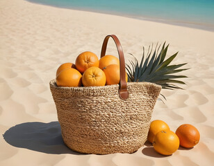 Straw hat, sunglasses, towel, bag on beach sand background. Summer vacation concept
