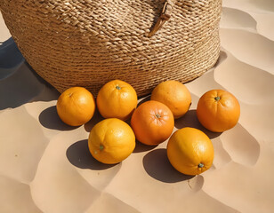 Straw hat, sunglasses, towel, bag on beach sand background. Summer vacation concept