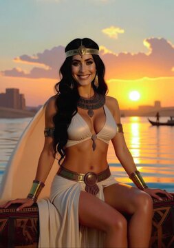 La bella Cleopatra sentada al borde del rio Nilo