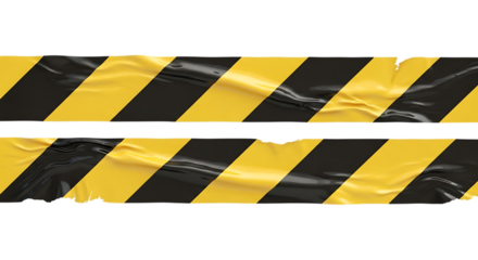 Hazardous warning tape strips with yellow black diagonal stripes isolated on transparent background