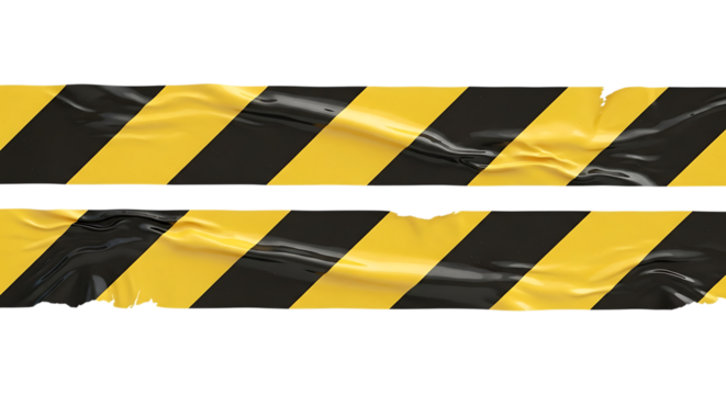 Hazardous warning tape strips with yellow black diagonal stripes isolated on transparent background