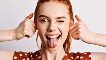 Ginger girl winks sticking tongue out with thumbs up winking