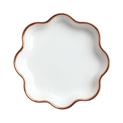 Elegance in Simplicity: A pristine, flower-shaped plate, adorned with a delicate copper trim, embodies modern elegance and design. Its refined form suggests both sophistication and versatility.