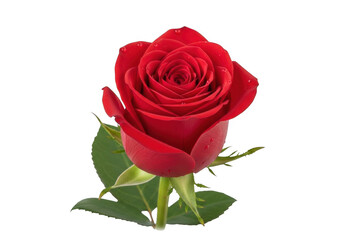 Fototapeta premium A single red rose with green leaves isolated on transparent background