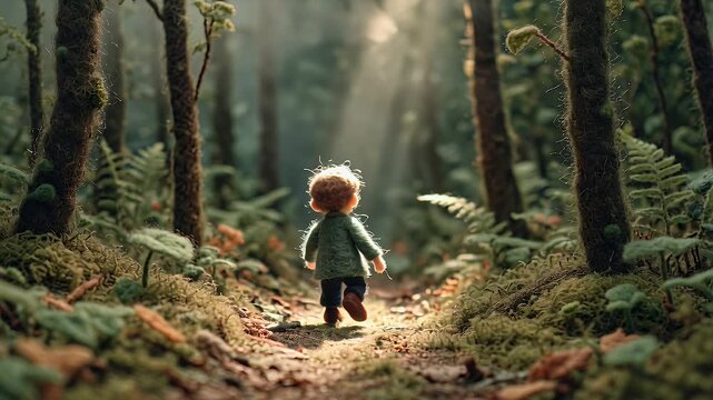 Figure walking through forest illuminated by sunlight conceptual illustration