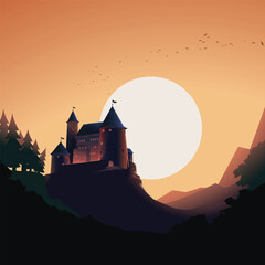 Obraz premium a medieval castle at orange sunset horizon