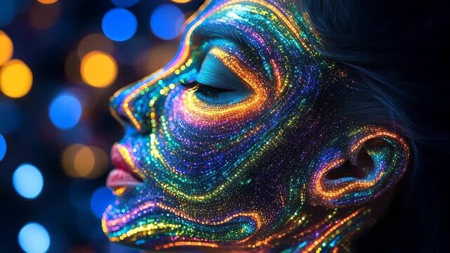 Side Portrait Woman Neon Body Paint Glowing Lights Bokeh Background. Artistic Expression Concept