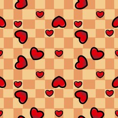 Hand drawn red heart seamless pattern on checkerboard background. Digital drawing paper for valentine's Day