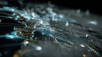 The digital map illustrates global connections through light trails, highlighting the digital networks across continents on the digital platform. Network paths interconnect the dig