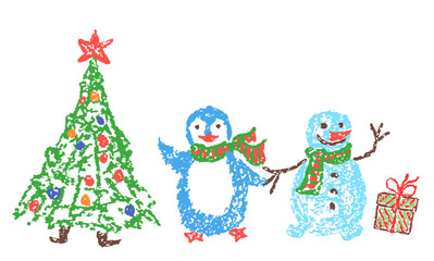 Christmas funny penguin, tree and cute snowman smiling friendly hand waving hello. Like child`s hand drawn crayon, pastel chalk, pencil kids art flat cartoon doodle style. Simple holiday character