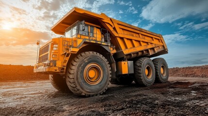 Obraz premium Large yellow dump truck navigating dusty landscape at mining site, creating earthy vistas.