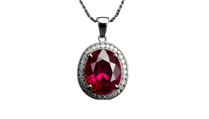Elegant ruby pendant necklace, surrounded by sparkling diamonds, dark background