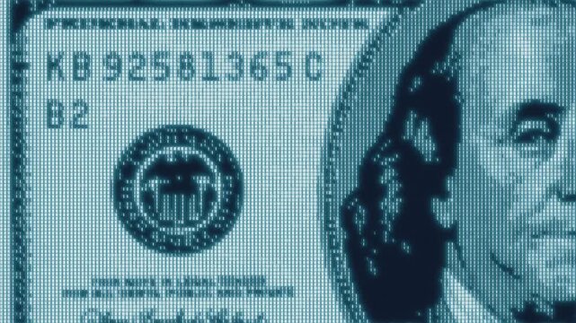 Digital Hundred Dollar Bill Macro. Cyber Money, Finance Technology, Cryptocurrency, CBDC Global Economy, Banking Security, Data Matrix, Virtual Currency, Digital Payment and Blockchain Concept