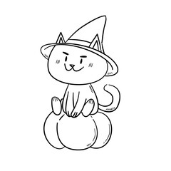 Witch Cat on Pumpkin – Halloween Line Art Illustration