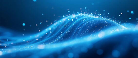 An abstract blue space design with glowing stars and snowflake particle motion - Powered by Adobe