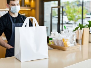 A masked worker stands behind a counter with a white bag and takeout containers, emphasizing safety and takeout service in a modern setting.