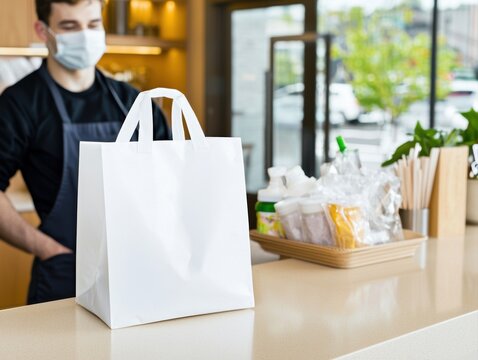 A masked worker stands behind a counter with a white bag and takeout containers, emphasizing safety and takeout service in a modern setting.