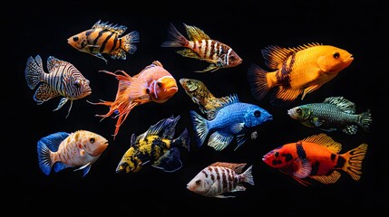 Colorful Selection of Tropical Freshwater Fish on Black Background
