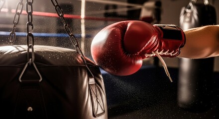Powerful red boxing glove strikes a heavy bag with visible dust particles flying in a dimly lit boxing gym