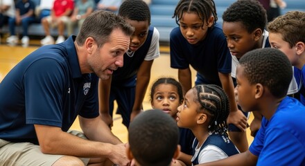Male coach giving instructions to a group of attentive diverse children on a basketball court during practice