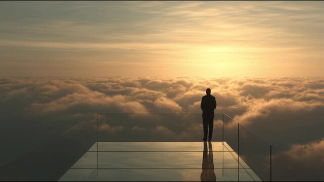 Man Standing Above Clouds Watching Sunrise Minimalist Cinematic Concept in 4K