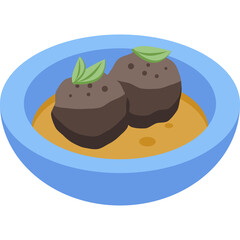 Two Round Meatballs with Green Leaves on Top in a Bowl of Sauce with a White Background