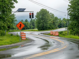A winding road with construction signs, traffic lights, and a cloudy sky, reflecting recent rain and surrounded by lush greenery.
