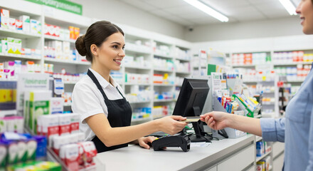 Female pharmacist handing prescription medication to customer at pharmacy counter, patient care and pharmaceutical service