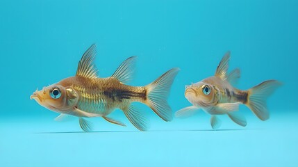 Two Goldfish Swimming Gracefully in Clear Blue Water Environment
