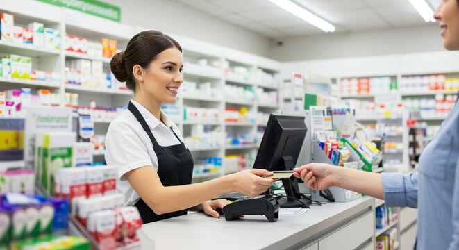 Female pharmacist handing prescription medication to customer at pharmacy counter, patient care and pharmaceutical service