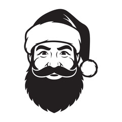 Black and White Santa Claus Head Vector Illustration with Hat and Beard