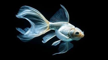 Fototapeta premium Elegant White Goldfish Swimming Gracefully in Dark Water Background