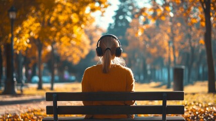 Man wearing headphones relaxing on a bench in an autumn park - for articles about relaxation or urban life.