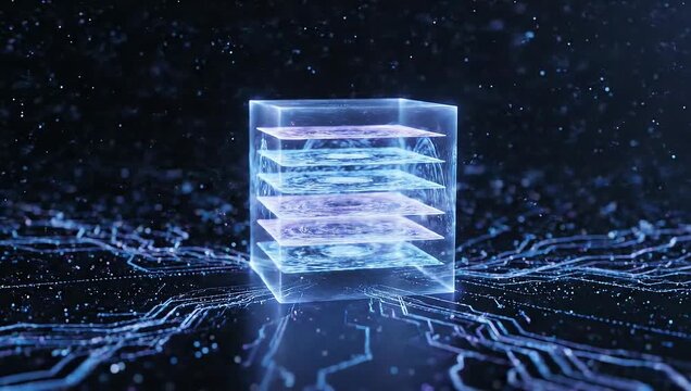 Glowing blue transparent cube with internal horizontal layers on a dark circuit board background with a futuristic and technological mood.