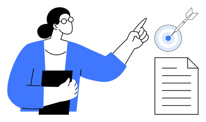 Woman holding clipboard, pointing at dartboard with arrow and document. Ideal for leadership, planning, strategy, focus, goal setting, decision making success. Bold flat style metaphor